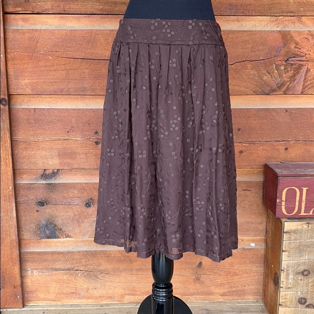 Talbots Brown Pure Silk A-line Embroidered Skirt 6